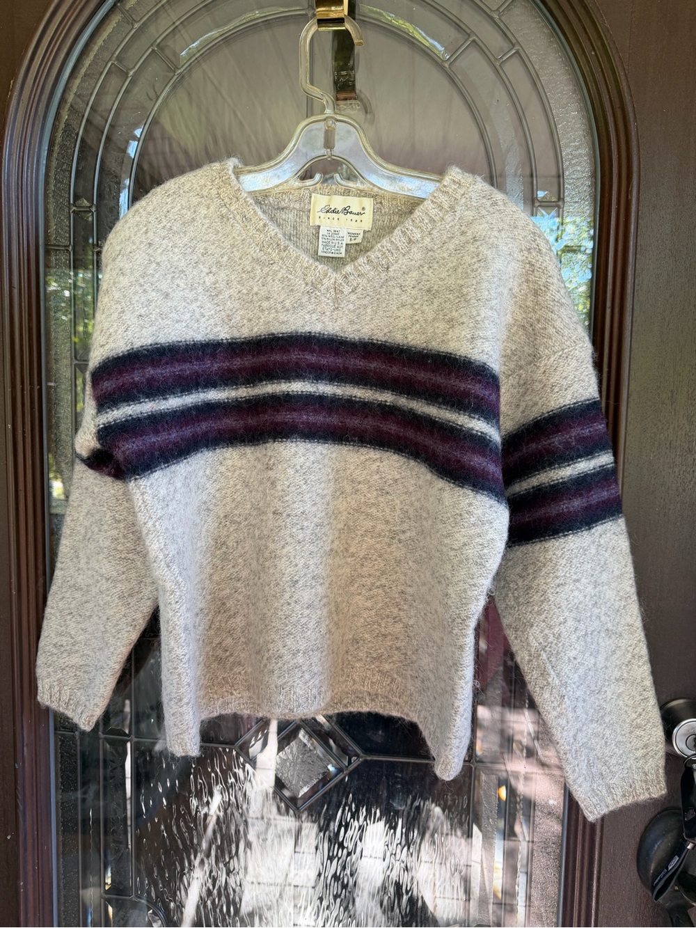 Eddie Bauer Cream V-Neck Sweater with Navy and Burgundy Stripes